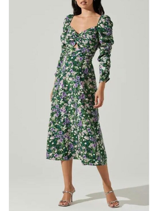 Astr Dresses & Skirts - Like New Astr Ruched Sleeve Floral Midi Dress Green Purple XS